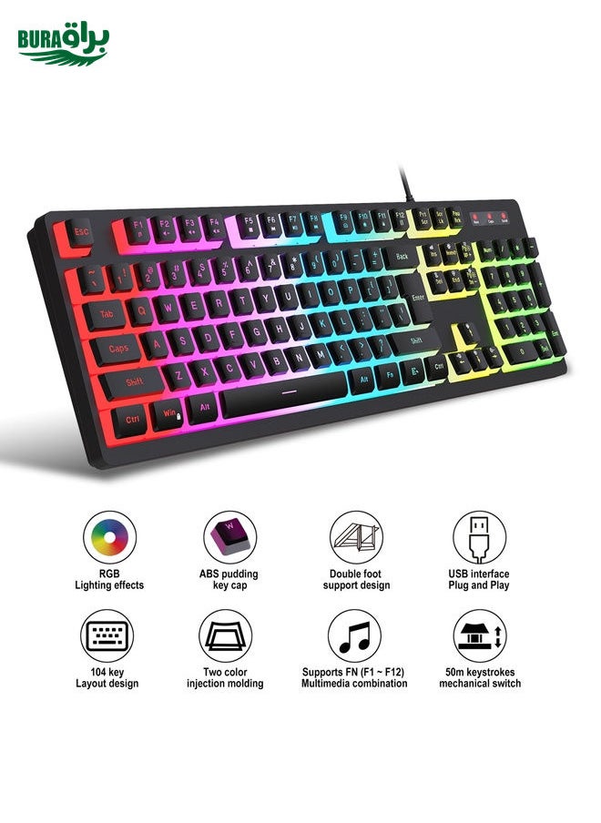 BURAQ HXSJ L200+X100 Wired RGB Backlit Keyboard and Mouse Set 104 Pudding Key Caps + 3600DPI Mouse(White)  - Image 5