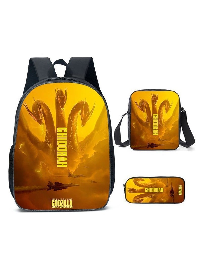 New Godzilla Student Backpack Three-piece Set 29*16*42cm