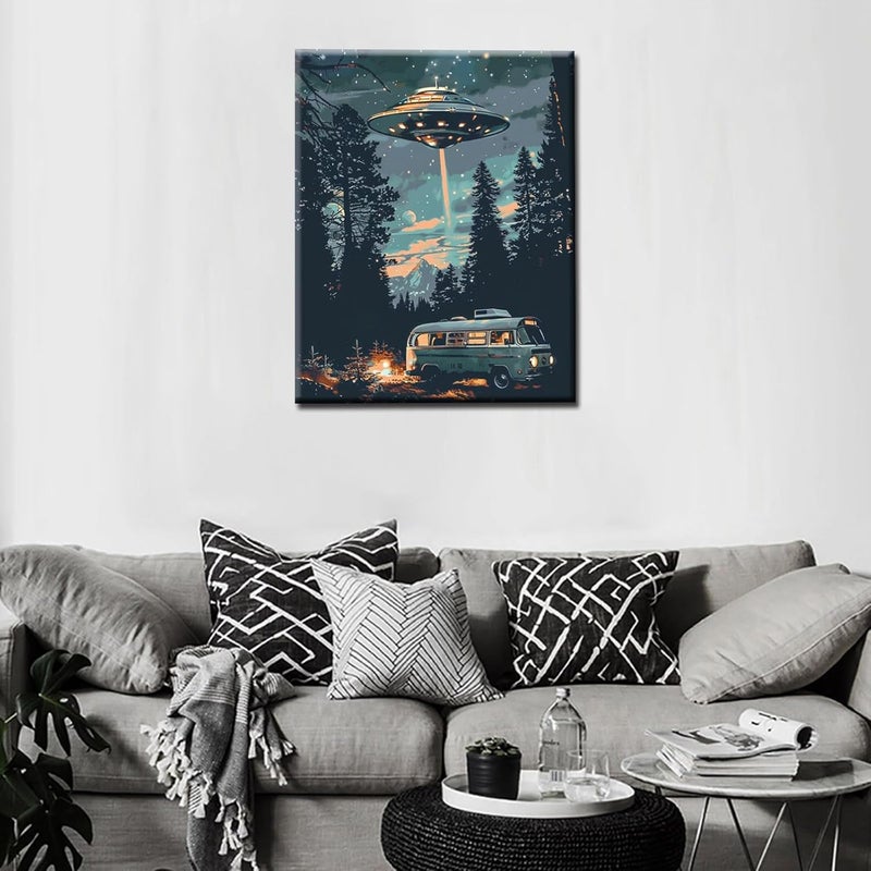 Tucocoo Starry UFO DIY Paint by Numbers for Adults Bus in Forest DIY Oil Painting Acrylic Paint Art Moon Stars Painting Kits Canvas with Acrylic Paint UFO Fantasy Decor 16x20 Inch Without Frame - Image 3