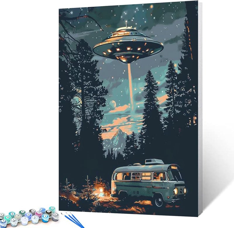 Tucocoo Starry UFO DIY Paint by Numbers for Adults Bus in Forest DIY Oil Painting Acrylic Paint Art Moon Stars Painting Kits Canvas with Acrylic Paint UFO Fantasy Decor 16x20 Inch Without Frame - Image 2
