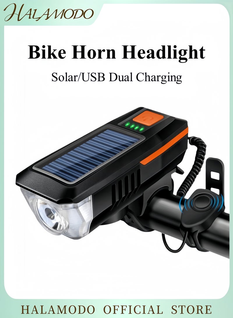 Halamodo Bike Horn Headlight Solar USB Dual Charging Bike Horn Light High Brightness Bike Headlight Waterproof Bike Horn Light Essential Gear for Night Cycling - Image 1
