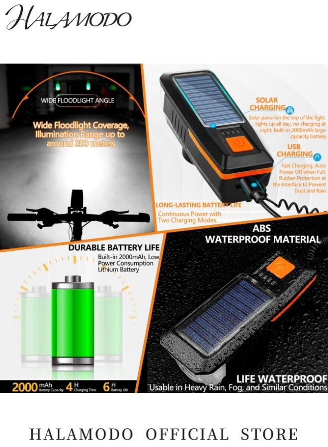 Halamodo Bike Horn Headlight Solar USB Dual Charging Bike Horn Light High Brightness Bike Headlight Waterproof Bike Horn Light Essential Gear for Night Cycling - Image 2