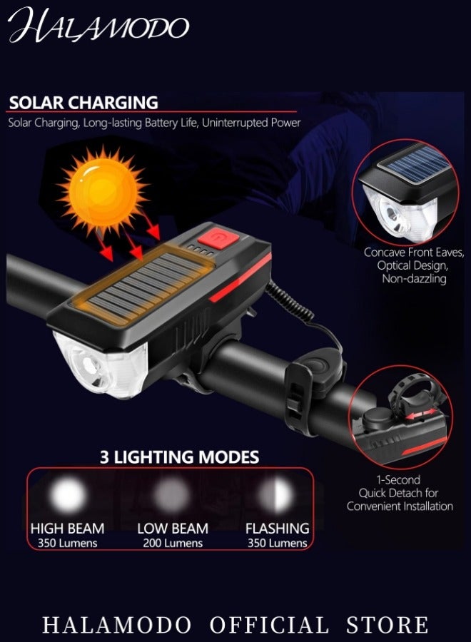 Halamodo Bike Horn Headlight Solar USB Dual Charging Bike Horn Light High Brightness Bike Headlight Waterproof Bike Horn Light Essential Gear for Night Cycling - Image 3