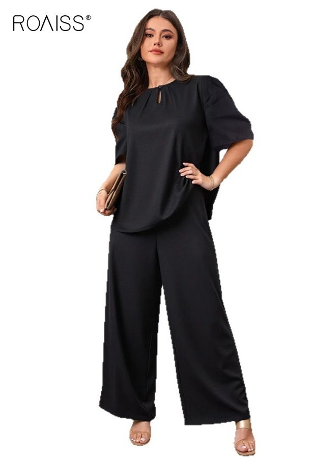 roaiss Women 2PCS Summer Outfit, Soft Loungewear Set with Short Sleeve T shirt and Elastic Waist Pants, Skin-friendly Top and Wide Leg Pants Set for Ladies, Perfect for Daily Wear or Lounging Around Your House - Image 4
