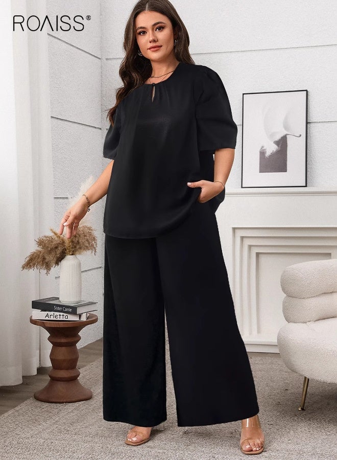 roaiss Women 2PCS Summer Outfit, Soft Loungewear Set with Short Sleeve T shirt and Elastic Waist Pants, Skin-friendly Top and Wide Leg Pants Set for Ladies, Perfect for Daily Wear or Lounging Around Your House - Image 1
