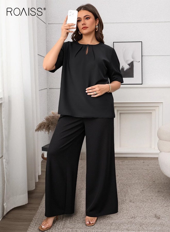 roaiss Women 2PCS Summer Outfit, Soft Loungewear Set with Short Sleeve T shirt and Elastic Waist Pants, Skin-friendly Top and Wide Leg Pants Set for Ladies, Perfect for Daily Wear or Lounging Around Your House - Image 3