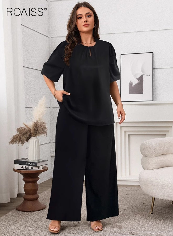 roaiss Women 2PCS Summer Outfit, Soft Loungewear Set with Short Sleeve T shirt and Elastic Waist Pants, Skin-friendly Top and Wide Leg Pants Set for Ladies, Perfect for Daily Wear or Lounging Around Your House - Image 2