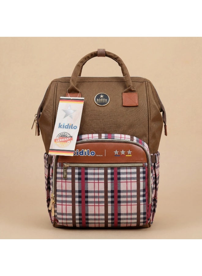 Kidilo Premium Kidilo Diaper Bag Backpack with Changing Pad - Large Capacity & German Design (Brown/Plaid) - Image 1