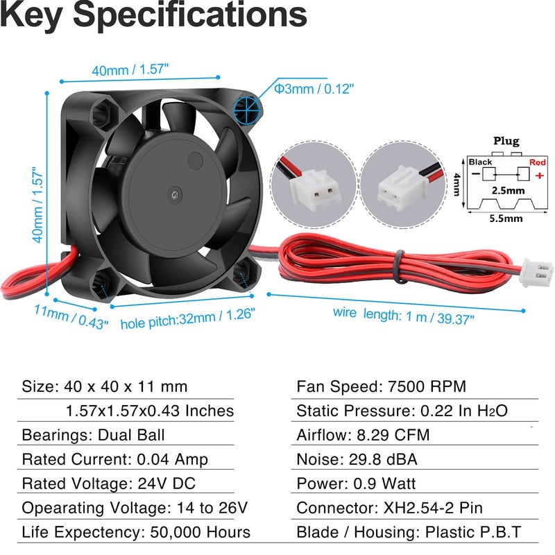 GDSTIME مروحة 40 مم 24 فولت، محامل كروية مزدوجة 40x40x10 مم مروحة تبريد بدون فرش 2 دبوس، بديل لمروحة رأس الطباعة 3D طابعة Ender 3 V2 Pro - Image 2