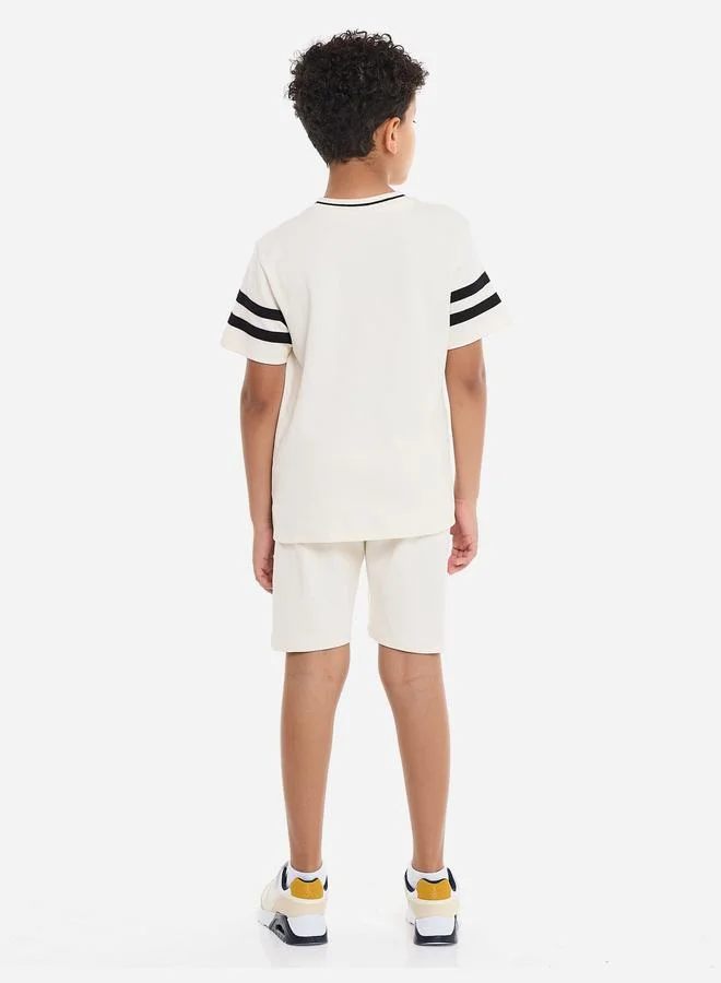 victor and jane Victor And Jane Boys Cream Cotton Embroidered T-Shirt and Shorts Set