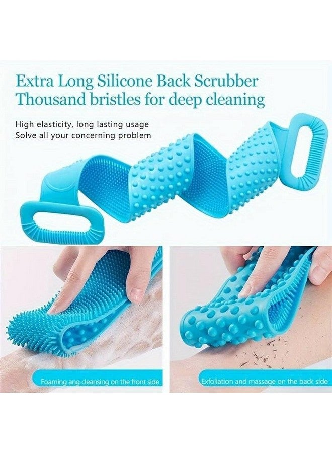 FIGMENT Silicone Body Back Scrubber - Blue Double Side Bathing Brush for Skin Deep Cleaning Massage | Dead Skin Removal Exfoliating Belt for Shower| Back Body Scruber - Image 3