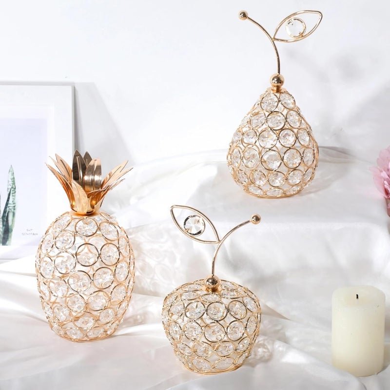 3-Piece Golden Crystal Fruit Sculpture Set: Pine, Pear, and, Elegant Table Decoration for Home, Office, and Parties - Image 1
