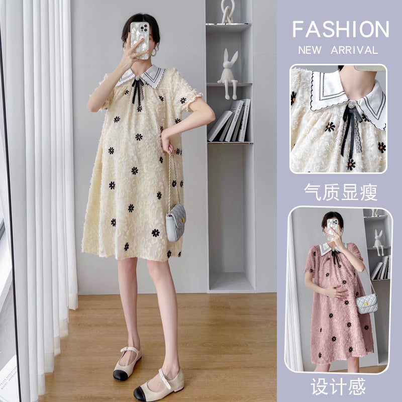 2025 Maternity Wear Short-Sleeved Embroidered Loose Large Size Elegant Trendy Mom Maternity Dress - Image 3