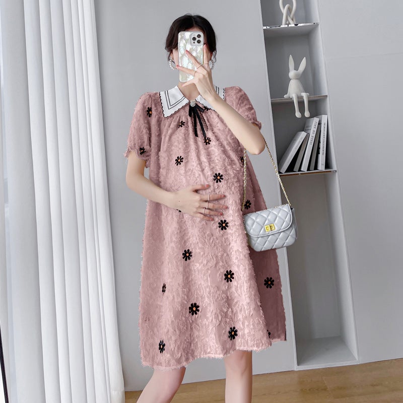 2025 Maternity Wear Short-Sleeved Embroidered Loose Large Size Elegant Trendy Mom Maternity Dress - Image 1
