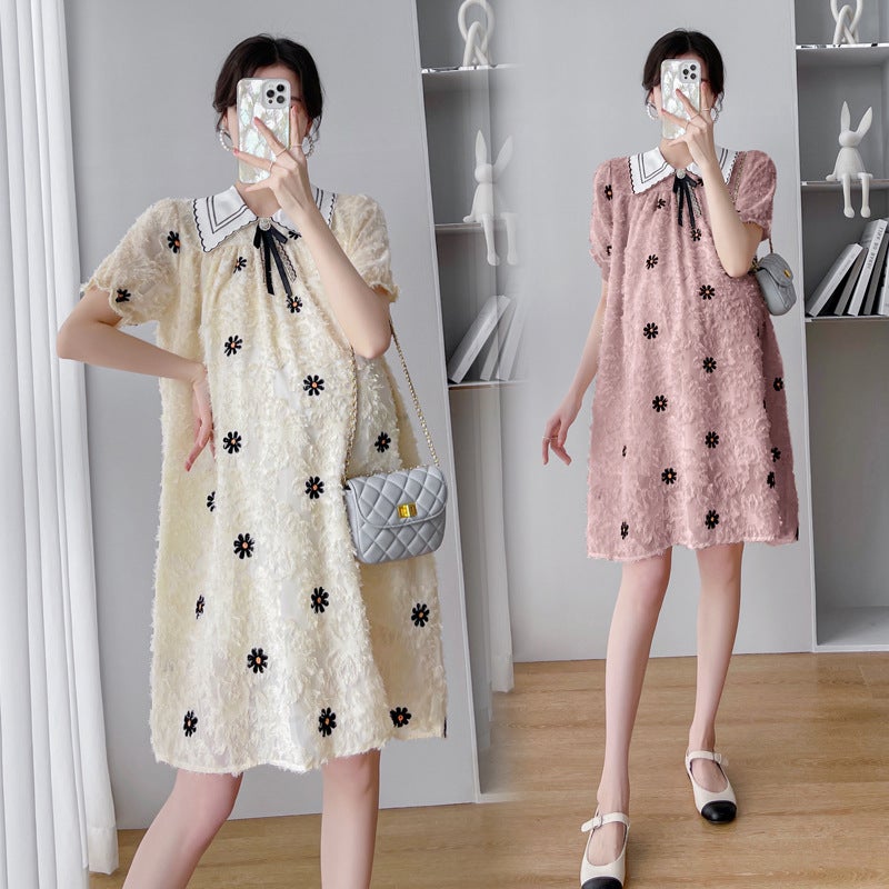 2025 Maternity Wear Short-Sleeved Embroidered Loose Large Size Elegant Trendy Mom Maternity Dress - Image 4