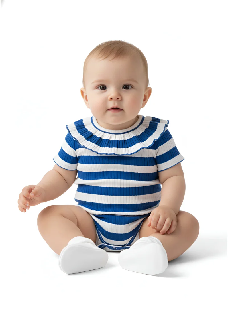 بمبىمىشى بودي سوت بأكمام قصيرة بطبعة خطوط من بامبي ميتشي أبيض وأزرق