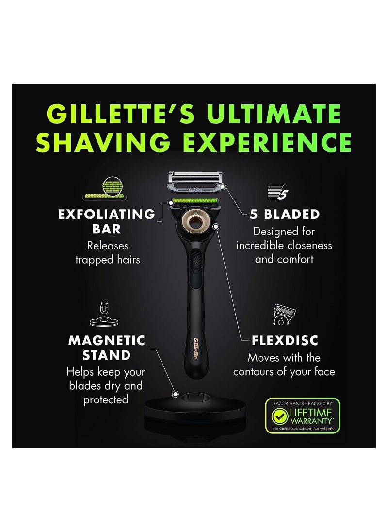 Gillette Mens Razor with Exfoliating Bar Gold Edition by GilletteLabs, Shaving Kit for Men, Includes 1 Handle, 2 Razor Blade Refills, 1 Premium Magnetic Stand, Black and Yellow
