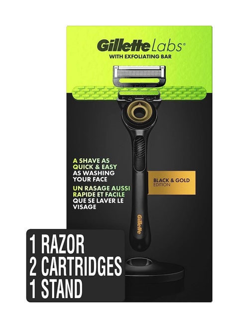 Gillette Mens Razor with Exfoliating Bar Gold Edition by GilletteLabs, Shaving Kit for Men, Includes 1 Handle, 2 Razor Blade Refills, 1 Premium Magnetic Stand, Black and Yellow