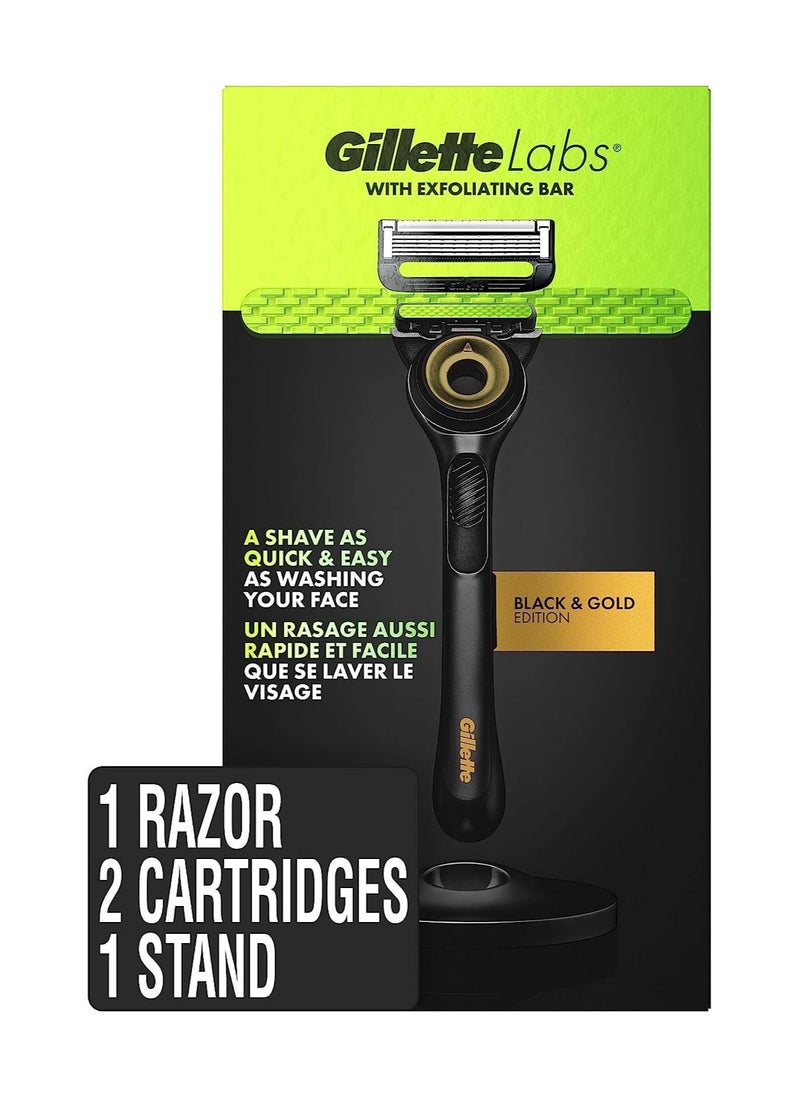 Gillette Mens Razor with Exfoliating Bar Gold Edition by GilletteLabs, Shaving Kit for Men, Includes 1 Handle, 2 Razor Blade Refills, 1 Premium Magnetic Stand, Black and Yellow