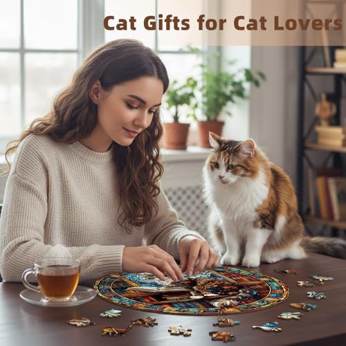 Jollitot Wooden Puzzles Adults Maine Cat Library Wooden Puzzles 300 Pieces Unique Animal Shaped Wood Challenging Jigsaw Puzzles Cat Gifts for Adults 134x134in - Image 5