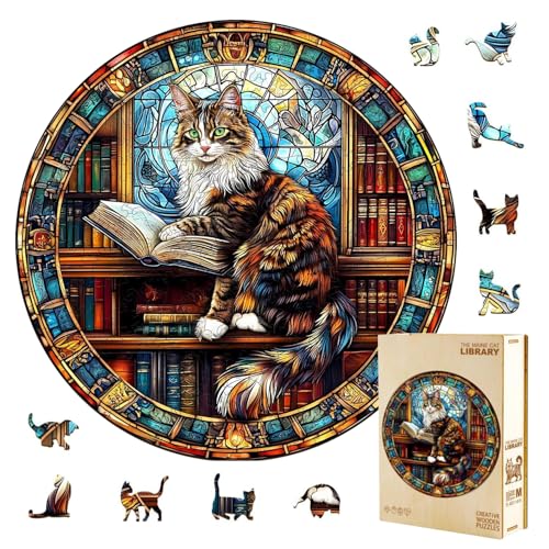 Jollitot Wooden Puzzles Adults Maine Cat Library Wooden Puzzles 300 Pieces Unique Animal Shaped Wood Challenging Jigsaw Puzzles Cat Gifts for Adults 134x134in - Image 1