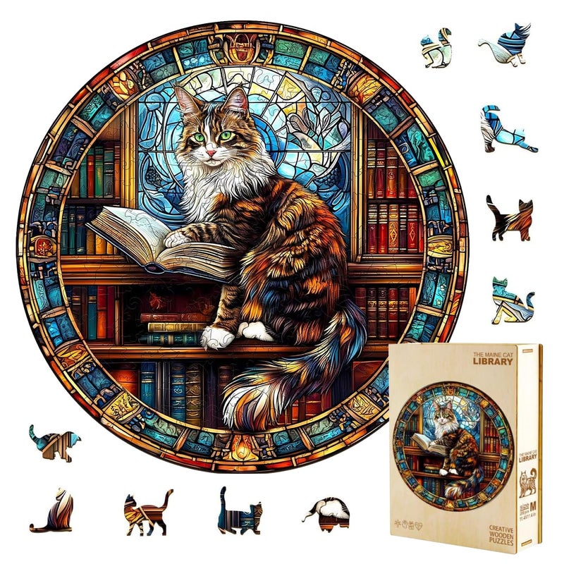 Jollitot Wooden Puzzles Adults Maine Cat Library Wooden Puzzles 300 Pieces Unique Animal Shaped Wood Challenging Jigsaw Puzzles Cat Gifts for Adults 134x134in - Image 3