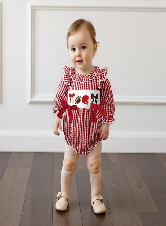 Socutebabe طقم ملابس أطفال بناتي من Socutebabe بتصميم كرة قدم، رومبير منقوش بنقشة مربعات، جمبسوت مطرز بكرة قدم، ملابس خريفية وشتوية لطيفة (أحمر، 6-12 شهرًا) - Image 2