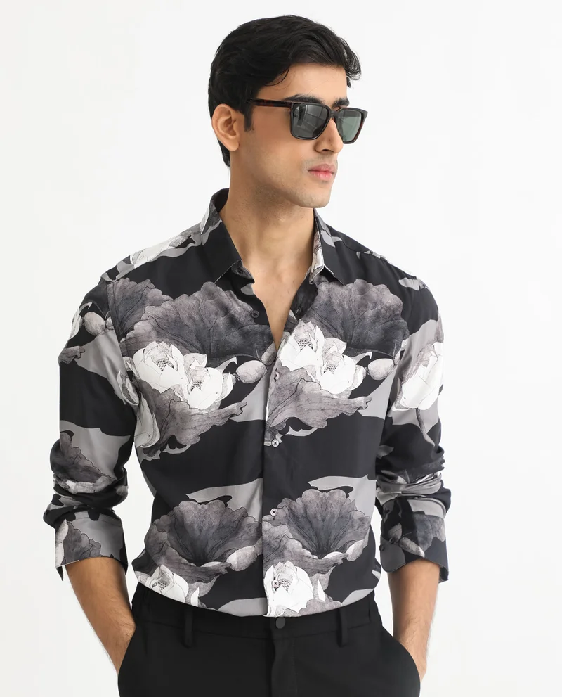 Rare Rabbit Rare Rabbit Men's Japo Grey Viscose Fabric Full Sleeves Floral Print Shirt