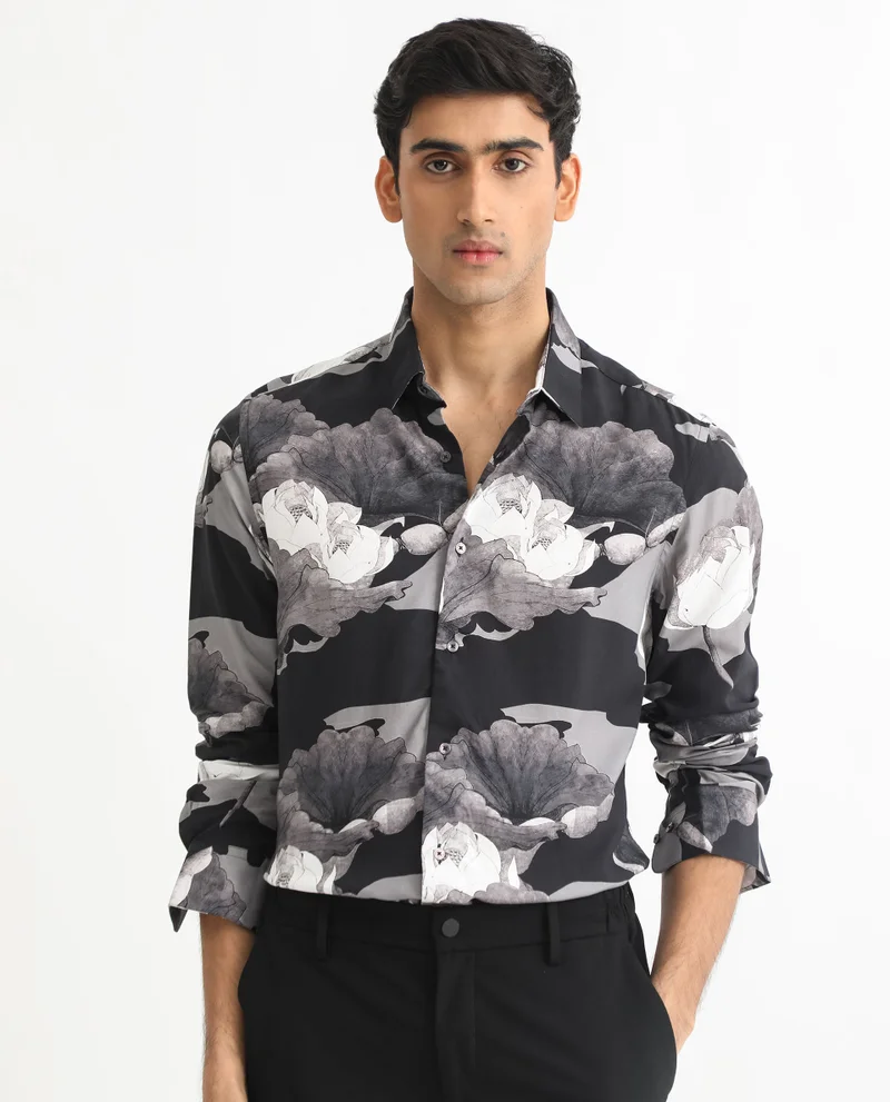 Rare Rabbit Rare Rabbit Men's Japo Grey Viscose Fabric Full Sleeves Floral Print Shirt