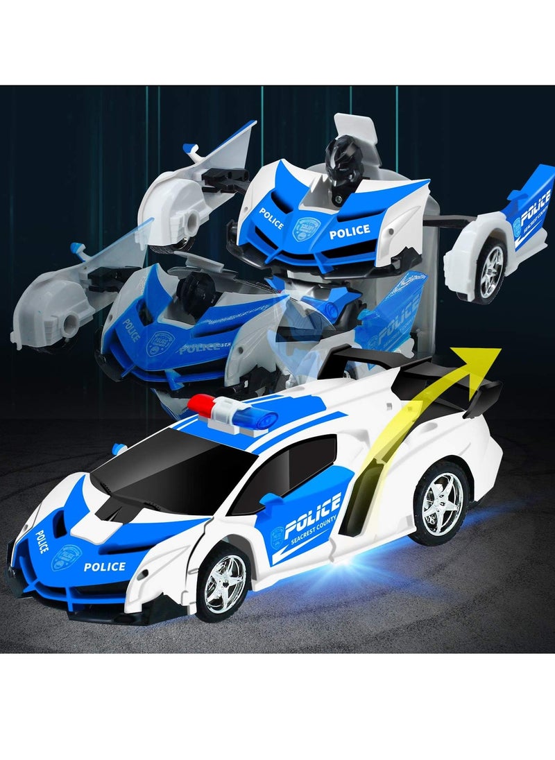 2 in 1 Remote Control Car with Lights and 360° Rotation, RC Police Cars with Cool Appearance and One-click Deformation, 1:18 Scale Transforming Car Toy, Made of Sturdy Safe ABS Materials