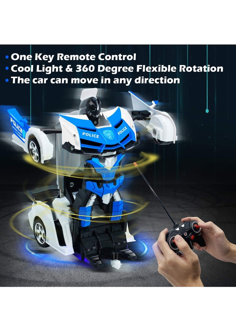 2 in 1 Remote Control Car with Lights and 360° Rotation, RC Police Cars with Cool Appearance and One-click Deformation, 1:18 Scale Transforming Car Toy, Made of Sturdy Safe ABS Materials