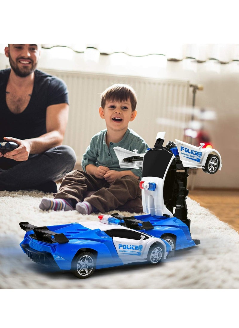 2 in 1 Remote Control Car with Lights and 360° Rotation, RC Police Cars with Cool Appearance and One-click Deformation, 1:18 Scale Transforming Car Toy, Made of Sturdy Safe ABS Materials