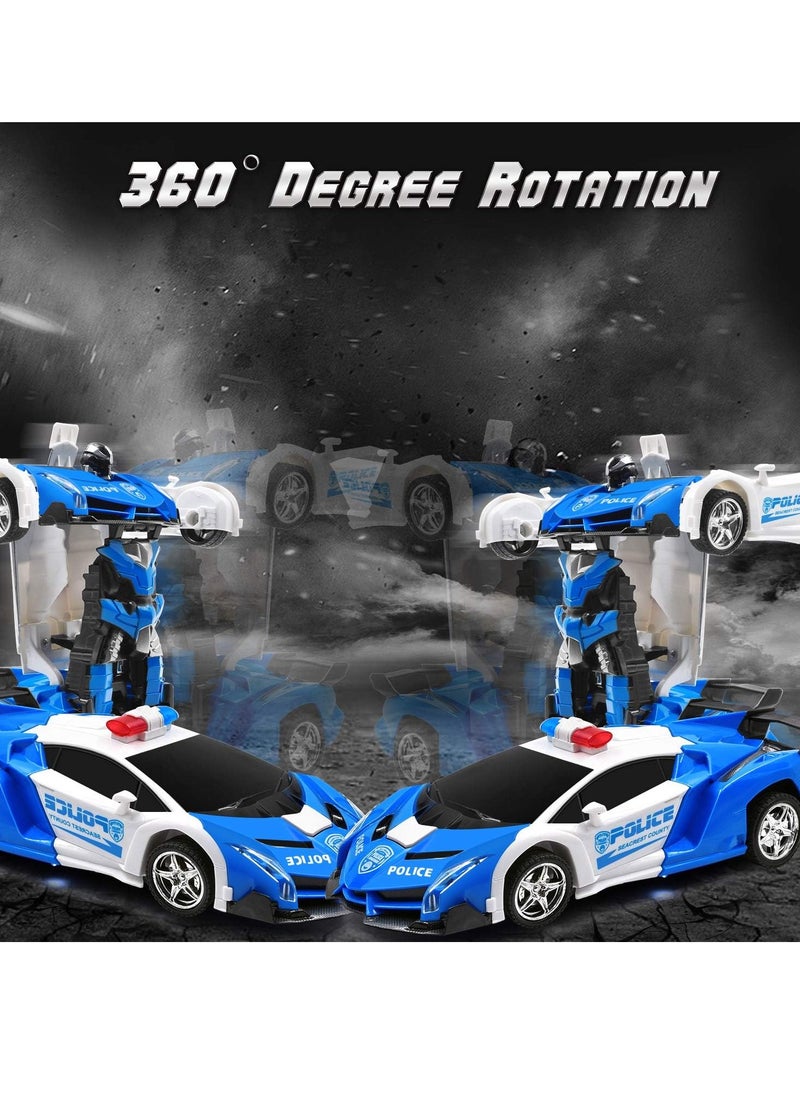 2 in 1 Remote Control Car with Lights and 360° Rotation, RC Police Cars with Cool Appearance and One-click Deformation, 1:18 Scale Transforming Car Toy, Made of Sturdy Safe ABS Materials