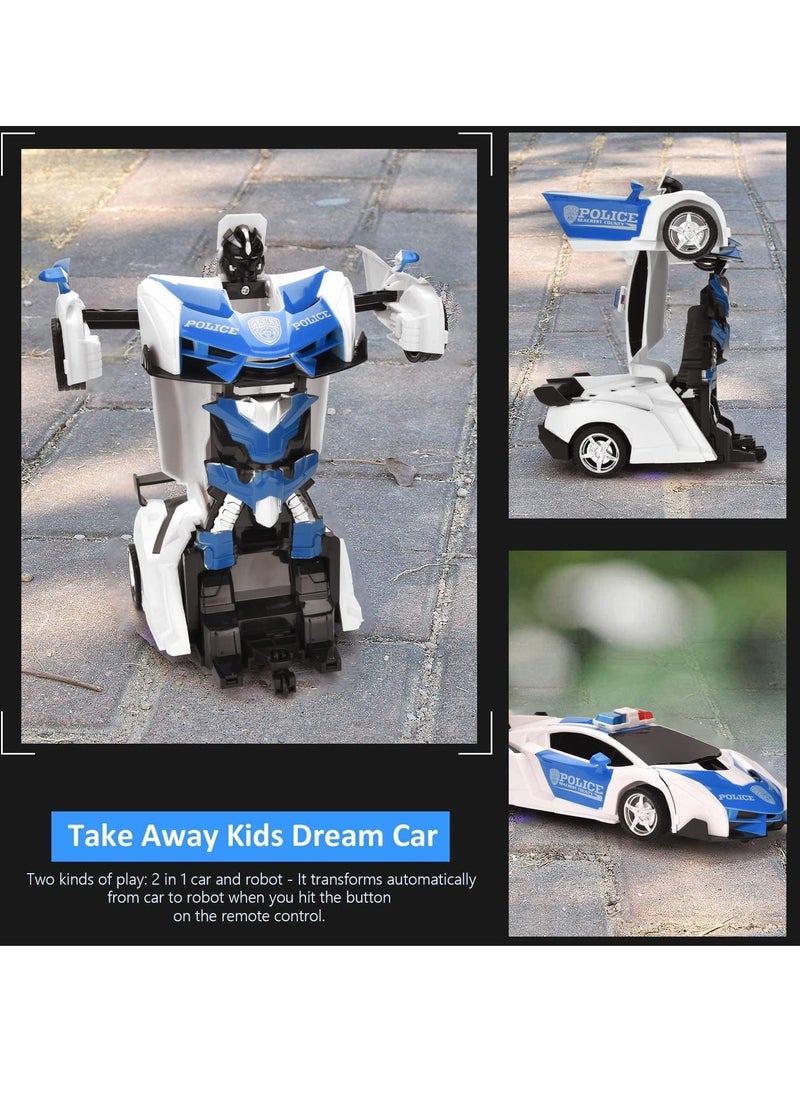 2 in 1 Remote Control Car with Lights and 360° Rotation, RC Police Cars with Cool Appearance and One-click Deformation, 1:18 Scale Transforming Car Toy, Made of Sturdy Safe ABS Materials