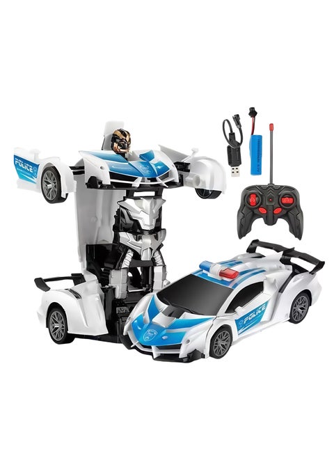 2 in 1 Remote Control Car with Lights and 360° Rotation, RC Police Cars with Cool Appearance and One-click Deformation, 1:18 Scale Transforming Car Toy, Made of Sturdy Safe ABS Materials