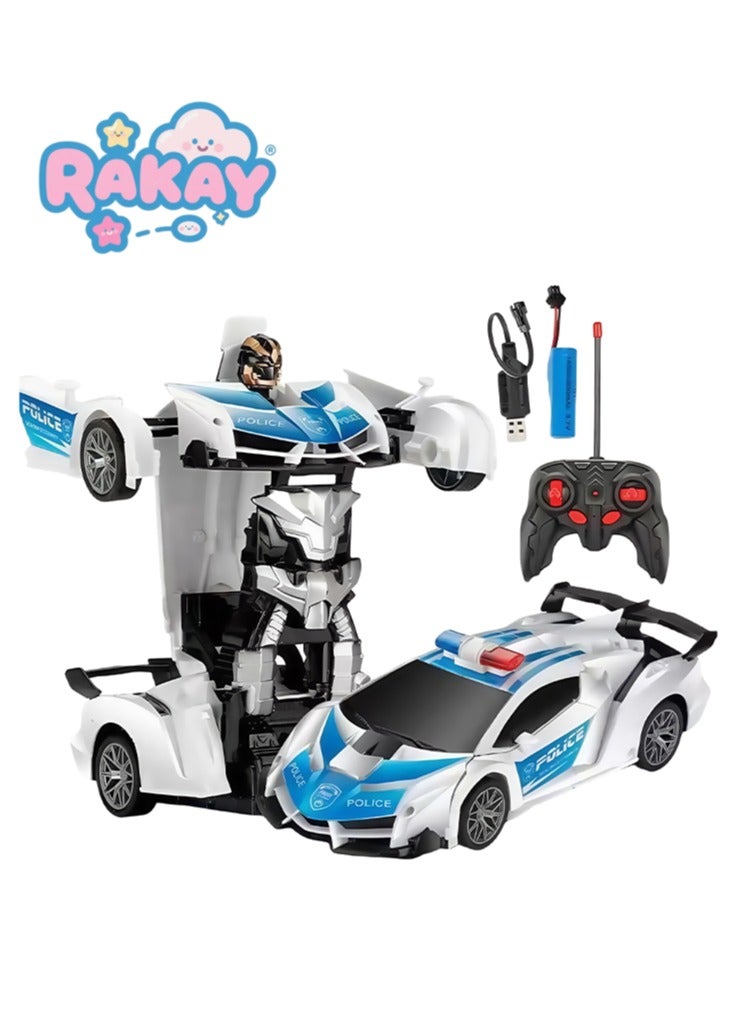 RAKAY 2 in 1 Remote Control Car with Lights and 360° Rotation, RC Police Cars with Cool Appearance and One-click Deformation, 1:18 Scale Transforming Car Toy, Made of Sturdy Safe ABS Materials - Image 1