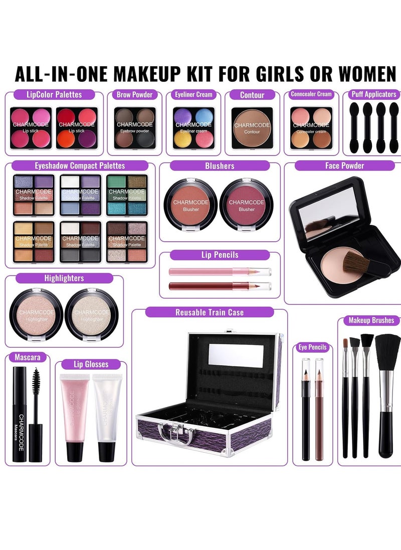 CHARMCODE Makeup Kit for Teen Girls & Women Full Kit, Beauty Train Case with Starter Cosmetic Set, Make Up Valentine's Day Gift Box with Eyeshadow,Lipgloss,Highlighter,Blush,Lip&Eye Pencils,Brush & More(Purple)  - Image 3