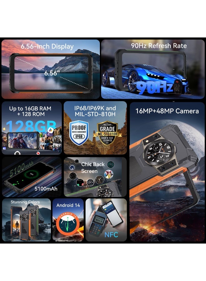 Cubot Kingkong ACE 2 Rugged Smartphone 6.56-inch 90Hz HD+ Display Android 14 Mobile 6GB RAM 128GB ROM 48MP+16MP Camera 5100mAh Battery Waterproof Slim Rugged Phone – Black Orange - Image 2