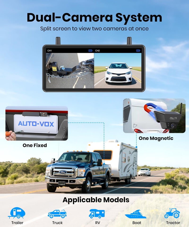 AUTO-VOX 2 Solar Wireless Backup Camera System: 7.2” 1080P HD Monitor, 3-Min Quick Installation for Wider Rear & Trailer View, IP69K Waterproof Back Up Camera for Truck, RV, Camper, Horse/Boat Trailer - Image 4