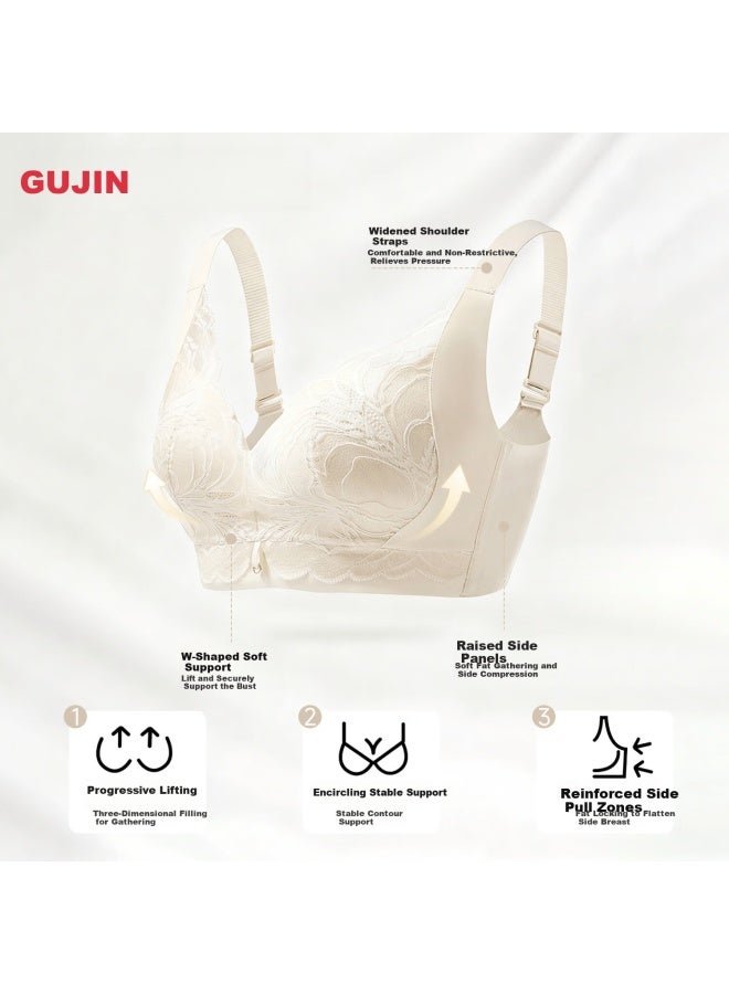 Gujin Women's Large Bust Minimizing Push-up Lace Wireless Bra Anti-sagging Anti-spread Thin Cup Support Bra - Image 1