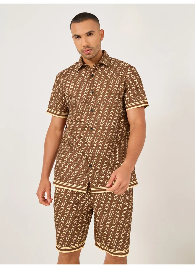 Take Two Take Two All-Over Print Short Sleeve Shirt and Drawstring Shorts Co-Ords