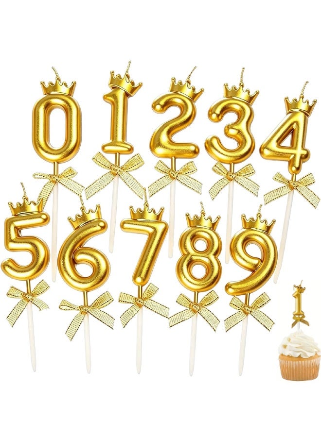 10 PCS Birthday Number Candles, Bow and Crown Number 0-9 Glitter Birthday Candles, Happy Birthday Party Cake Topper Decoration Gifts, Party Decorations for Men Women Wedding, Anniversary Indoor Use, Gold - Image 1