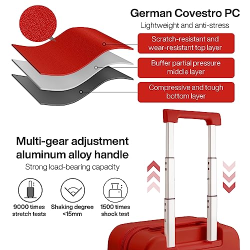 mixi Carry on Luggage, Suitcase with Spinner Wheels 16in Luggage Hardshell Lightweight Rolling Suitcases PC with Cover & TSA Lock, Red - Image 3