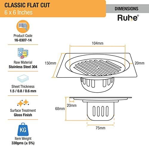 Ruhe® Air Square Flat Cut Floor Drain | 304-Grade Stainless Steel Floor Drain Jali | 6 x 6 inches | Floor Drainer with Cockroach Trap/Jali and Lock