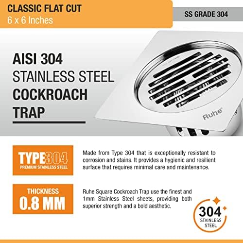Ruhe® Air Square Flat Cut Floor Drain | 304-Grade Stainless Steel Floor Drain Jali | 6 x 6 inches | Floor Drainer with Cockroach Trap/Jali and Lock