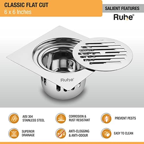 Ruhe® Air Square Flat Cut Floor Drain | 304-Grade Stainless Steel Floor Drain Jali | 6 x 6 inches | Floor Drainer with Cockroach Trap/Jali and Lock