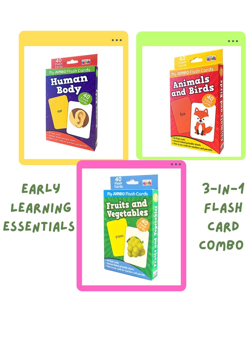 Early Learning Flash Card Combo – Set of 3 Educational Packs for Kids (Animals & Birds, Fruits & Vegetables, Human Body) – 40 Jumbo Cards Each – 120 Cards Total 