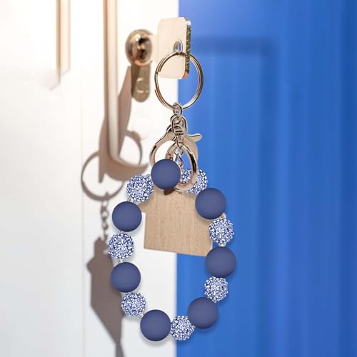 M-Plateau Wristlet Keychain, Silicone Beaded Wrist keychain with Key Ring for Women, Elastic Keychain Bracelet (Navy Silver) - Image 2