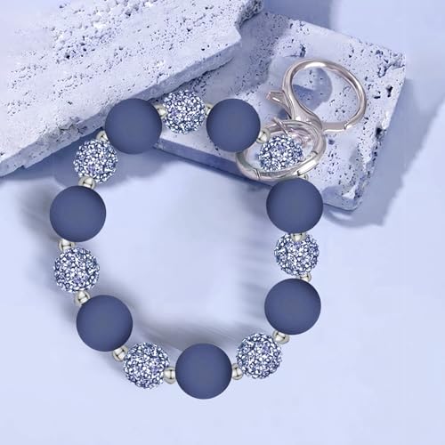 M-Plateau Wristlet Keychain, Silicone Beaded Wrist keychain with Key Ring for Women, Elastic Keychain Bracelet (Navy Silver) - Image 4