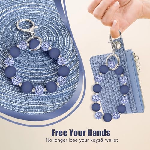 M-Plateau Wristlet Keychain, Silicone Beaded Wrist keychain with Key Ring for Women, Elastic Keychain Bracelet (Navy Silver) - Image 3